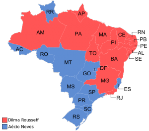 Illustrasjonen viser delstatene der Dilma Rousseff fikk flertall i rødt.