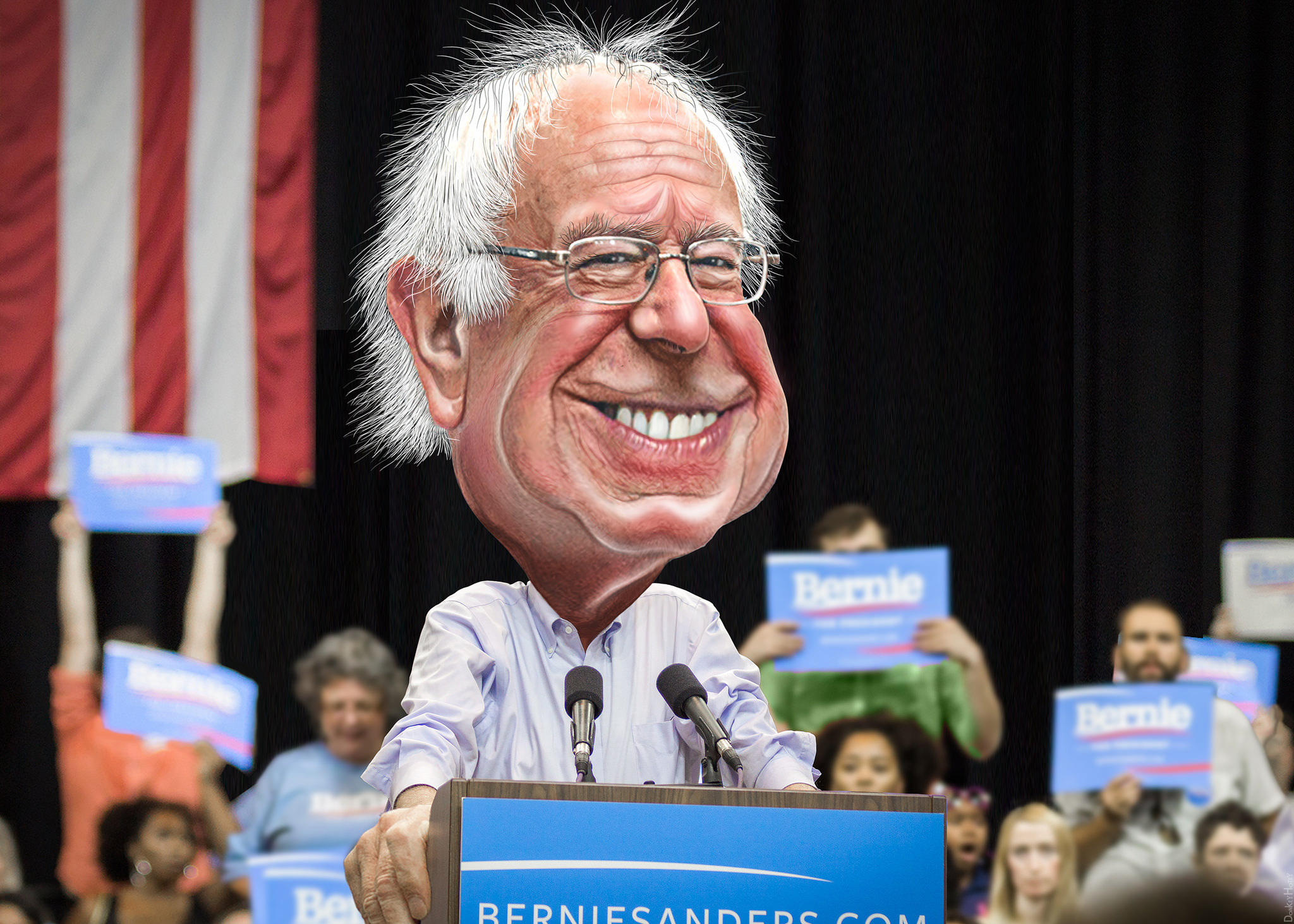 Tegnet karikatur av Bernie Sanders på talerstol